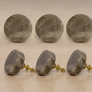 Set of 6 Emperador Stone Cabinet Knobs, Natural Brown Drawer Pulls Brass