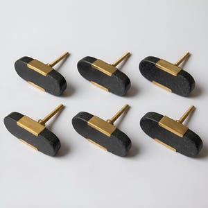 Set of 6 Black Stone Oval Brass Cabinet Knobs & Drawer Pulls