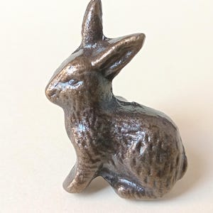 Puede incluir: Figura de conejo de color bronce en posición sentada. La escultura tiene una textura de pelaje detallada y una oreja larga y erguida. El conejo es un artículo decorativo, adecuado para la decoración del hogar.