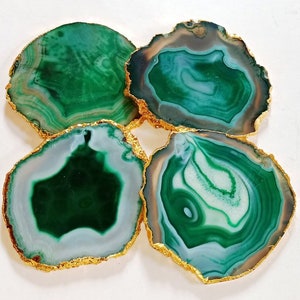 Green Agate Coaster with Silver / Gold Electroplated.Agate Slice.Quartz Coasters. Table Decor.Agate Coaster Set.Stone Coasters. Home Decor.