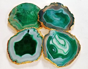 Green Agate Coaster: Gold Electroplated Indian Stone Coaster