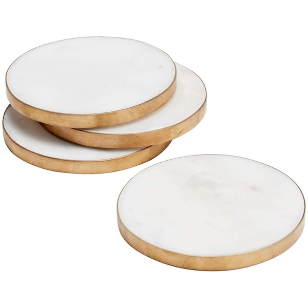 Witmarmeren onderzetters met gouden rand, set van 4 inch