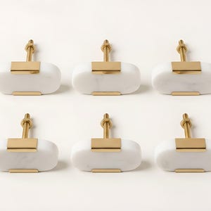 Juego de 6 pomos de mármol blanco y latón, tiradores ovalados de piedra para cajones de cómoda.