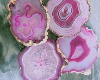 Pink Agate Coaster with Silver / Gold Electroplated.Agate Slice.Quartz Coasters. Table Decor.Agate Coaster Set.Stone Coasters. Home Decor.