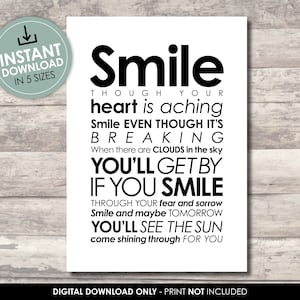 Nat King Cole | Paroles de Smile | TÉLÉCHARGEMENT INSTANTANÉ | JPG haute résolution | Imprimez à la maison ou professionnellement | Motivation, sympathie, deuil