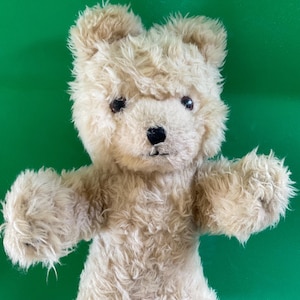 May include: A plush teddy bear with shaggy, light beige fur, featuring dark brown round eyes and a small, black stitched nose. The bear has rounded ears and outstretched arms, with a soft, textured appearance throughout its entire body.