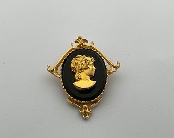 Vintage Black Glass Cameo Brooch / Pendant - Gold Tone Relief, Beveled Glass