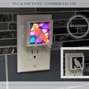 May include: A white night light with a colorful stained-glass bird design. The night light is plugged into a wall outlet. The image also includes the text "STL & 3MF FILES + COMMERCIAL USE".