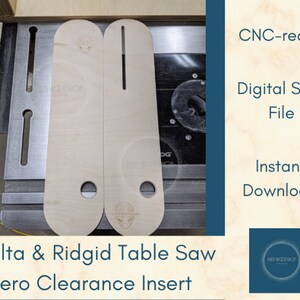 Puede incluir: Dos insertos de madera para sierra de mesa de cero espacio libre para sierras de mesa Delta y Ridgid. Los insertos est&aacute;n listos para CNC y vienen con un archivo SVG digital para descarga instant&aacute;nea. La imagen muestra los insertos en una sierra de mesa con una fresa en el fondo.