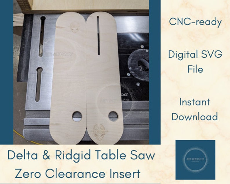 Puede incluir: Dos insertos de madera para sierra de mesa de cero espacio libre para sierras de mesa Delta y Ridgid. Los insertos est&aacute;n listos para CNC y vienen con un archivo SVG digital para descarga instant&aacute;nea. La imagen muestra los insertos en una sierra de mesa con una fresa en el fondo.