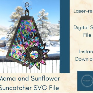 Mama with Sunflower Suncatcher Laser Cut SVG Download, Flower Suncatcher, Hanging Ornament, Car Charm, Wall Art Laser Cut File