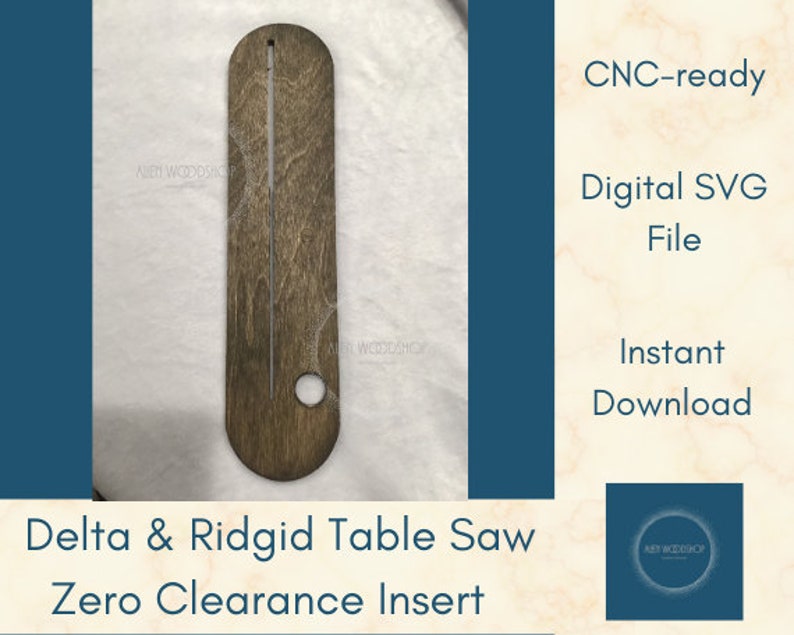 Puede incluir: Un inserto de cero holgura de madera marr&oacute;n para una sierra de mesa Delta o Ridgid. El inserto tiene una ranura para una hoja y un agujero para la extracci&oacute;n de polvo. La imagen incluye el texto "CNC-ready", "Archivo SVG digital", "Descarga instant&aacute;nea" y "ALLEN WOODSHOP".