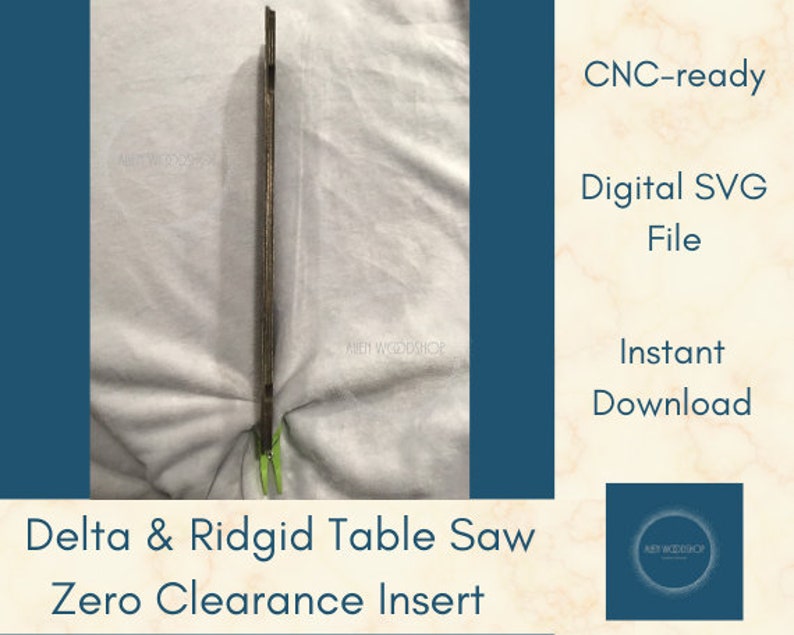 Puede incluir: Un archivo SVG digital listo para CNC para un inserto de espacio cero para una sierra de mesa Delta y Ridgid. El archivo est&aacute; disponible para descarga instant&aacute;nea.