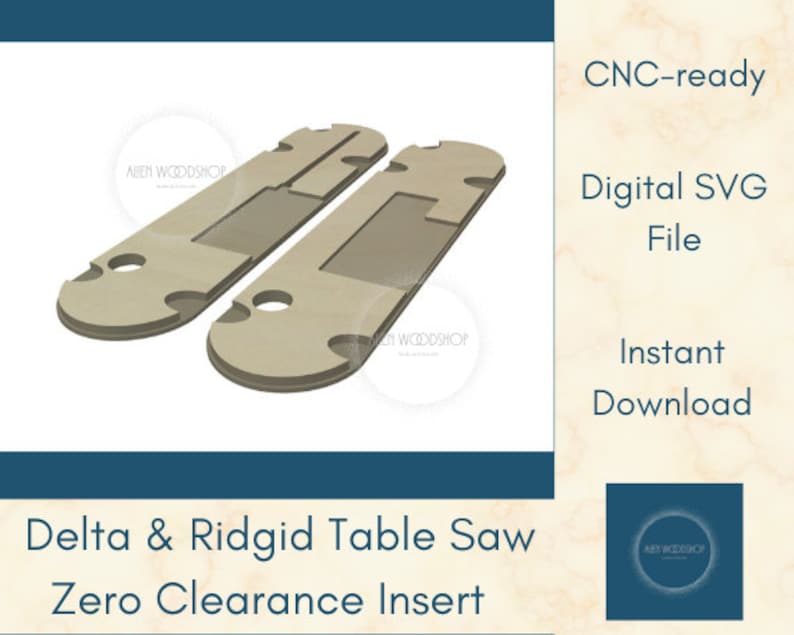 Puede incluir: Archivo SVG digital listo para CNC para un inserto de cero espacio libre para una sierra de mesa Delta y Ridgid. El archivo est&aacute; disponible para descarga instant&aacute;nea. La imagen muestra dos insertos beige con recortes.