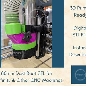 May include: A 3D printed dust boot for a CNC machine. The boot is green and pink and has a black knob. The boot is attached to a black pipe and a clear hose. The text "NET WOODSHOP" is visible on the boot. The text "80mm Dust Boot STL for Onefinity & Other CNC Machines" is visible at the bottom of the image.