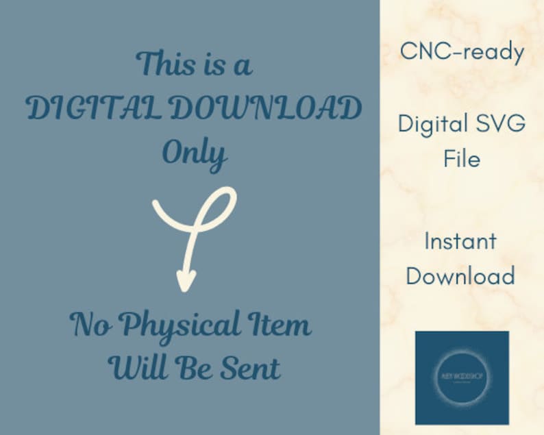 Puede incluir: Un gr&aacute;fico de descarga digital azul y blanco con el texto "Esto es una DESCARGA DIGITAL Solo" y una flecha apuntando hacia abajo. El texto "No se enviar&aacute; ning&uacute;n art&iacute;culo f&iacute;sico" tambi&eacute;n est&aacute; incluido. El gr&aacute;fico tambi&eacute;n incluye el texto "Listo para CNC", "Archivo SVG digital" y "Descarga instant&aacute;nea".