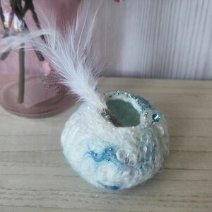 Decorative Felted Wool Vessel, Arctic Blues and Whites with Sparkling Beadwork, Gift for Her, New Home Gift, Boho Chic, Handmade Felt Decor