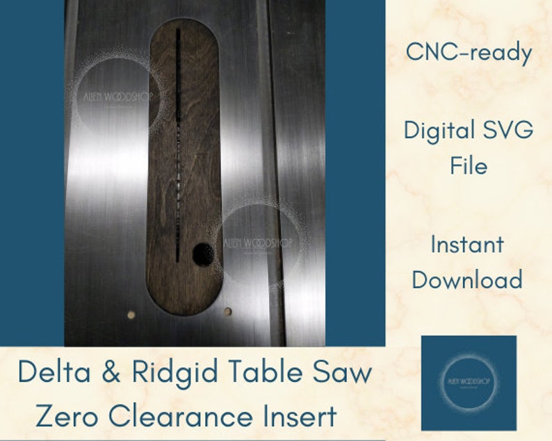 Puede incluir: Un archivo SVG digital listo para CNC para un inserto de cero espacio libre para una sierra de mesa Delta y Ridgid. El archivo est&aacute; disponible para descarga instant&aacute;nea.
