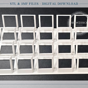 May include: A white, tiered display stand with multiple square frames. The stand is designed to hold small items, with the text "STL & 3MF FILES - DIGITAL DOWNLOAD" at the top. The frames are arranged in a grid pattern.