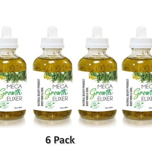 May include: Six clear glass bottles with dropper tops, each containing a yellow liquid. The bottles are labeled "Mega Growth Elixir" with a green leaf design. The bottles are arranged in a row on a white background. 6 Pack.