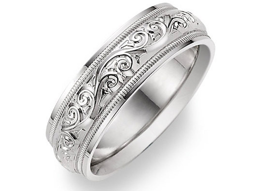 14k Paisley Etched White Gold Wedding Band Ring - Etsy