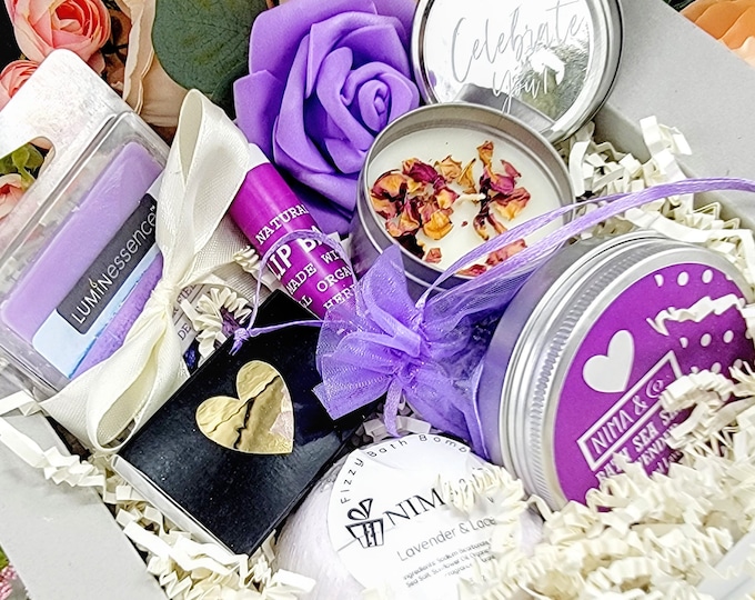 Lilac Gift Box Self Care Gift for Friend Gift for Best Friend, Care Package for Women, Thinking of You Lavender Spa Gifts for Her -SGB022