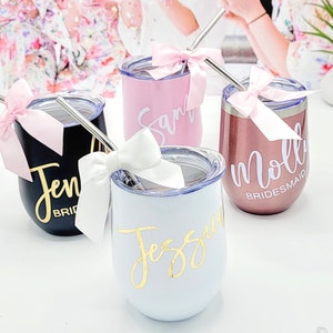 Personalized Wine Tumbler With Straw & Bow, Bridesmaid Gift, Bridesmaid Proposal, Personalized Wine Glasses, Custom Wine Tumbler-BDWT001