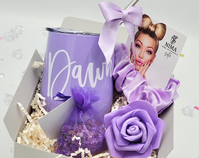 Lavender Thank You Gift Box for Women, Thinking of You Gift Box Friend Gifts, Relaxation Gift For Her with Bath Salts & Wine Tumbler-GBGB004