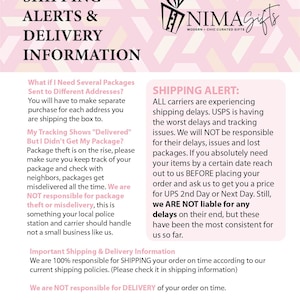May include: Pink and white graphic with text that reads "Shipping Alerts & Delivery Information". The text explains shipping delays and the responsibility of the seller for shipping and delivery.