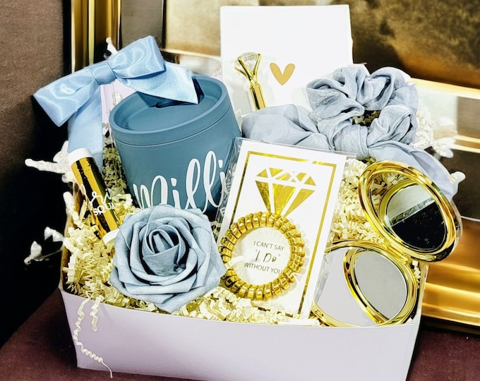 Bridesmaid Proposal Box Set Dusty Blue & Gold, Bridesmaid Gift Box, Will You Be My Maid of Honor Gift, Port Wine Tumbler Dusty Blue Wedding