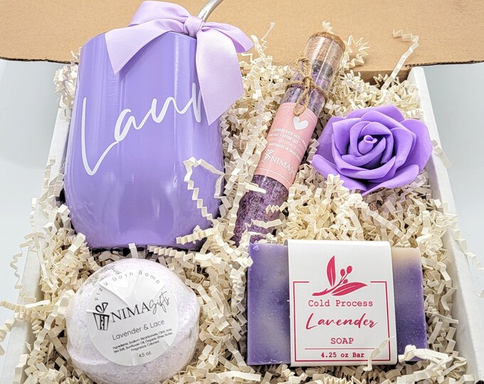 Lavender Spa & Wine Tumbler Birthday Gift Box for Her, Spa Birthday Gift Basket, Relaxation Gift, Birthday Care Package for Friend- GFHB011