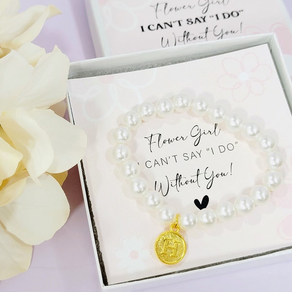 Flower Girl Proposal Pearl Bracelet, Personalized Flowergirl Gift Ideas, Monogram Girl Pearl Beads Bracelet, Faux Pearl Bracelet - FGBR002