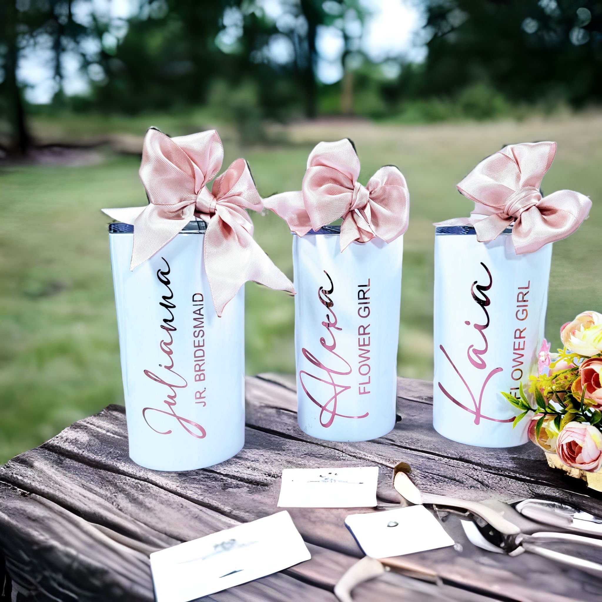 Unique Personalized Bridesmaid Tumbler, Proposal Gift for Maid of Honor, Flower Girl | Custom Tumbler W Camo, Petal, Beach Design from BluChi