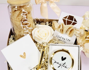 Gold Boho Bridesmaid Proposal Box Sets, Personalized Bridesmaid Gift Box Will You Be My Maid of Honor Gift Set with Glass Tumbler - BMPB041E