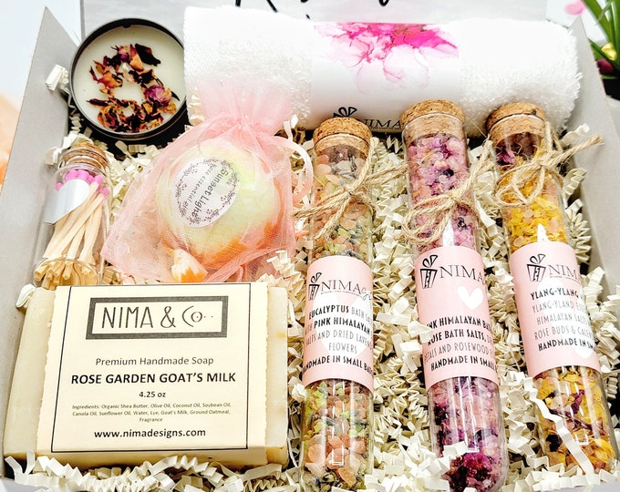 Birthday Gift Box for Her! Women's Gift Box + Bath Salts, Spa Gift Set, and Self Care Gift Treats. Perfect Best Friend Care Package -MDGB001