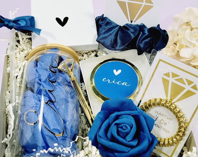 Bridesmaid Proposal Box Set Navy Blue & Gold, Bridesmaid Gift Box, Will You Be My Maid of Honor Gift with Glass Tumbler -BMPB041C