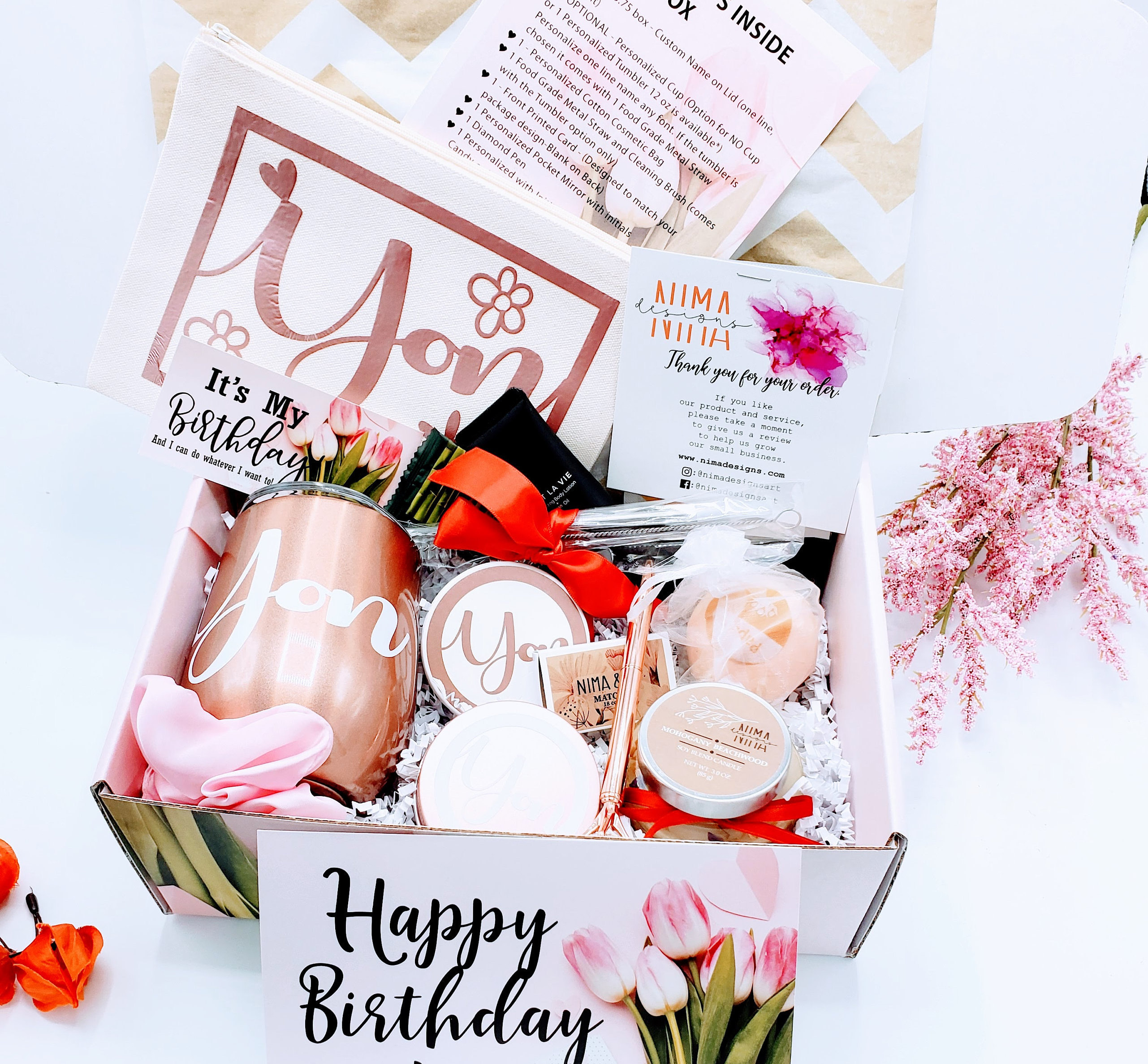 Happy Birthday Gift Box for Her with Wine Tumbler, Spa Birthday Box