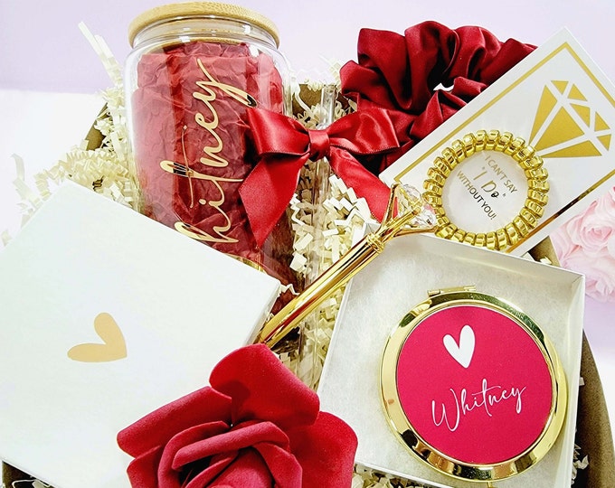 Burgundy and Gold Bridesmaid Proposal Box, Red Will You Be My Bridesmaid Box Set, Maroon Maid of Honor Gift Box + Glass Tumbler - BMPB041BUR