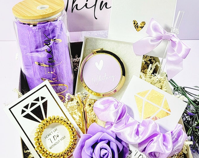 Purple & Gold Bridesmaid Proposal Box Set + Glass Tumbler, Lilac Bridesmaid Gift Box, Lavender Will You Be My Bridesmaid Box - BMPB041L