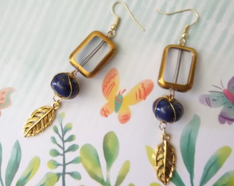 Lapis Lazuli Earrings, Lapis Lazuli Jewelry, Blue earrings, Gold Earrings, Bronze Bead Earrings, Dangle Drop Earrings,