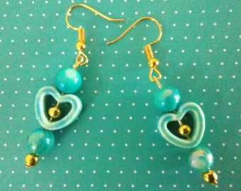 Aqua Ceramic Heart Drop Dangle Earrings with Aqua Shell and Gold Tone Beads, Blue Earrings, Blue Heart Earrings, Ceramic Heart Earrings
