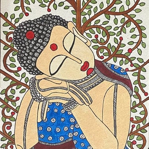 Buddha Acrylmalerei, Madhubani indische Kunst, indische Volkskunst, Wohnkultur, Einweihungsgeschenk