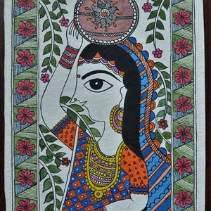 Handmade Madhubani Acrylic Painting, Woman With Earthen Pot, Handmade ...