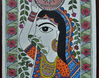 Handmade madhubani Acrylic painting, woman with earthen pot, Handmade traditional folk art Home decor