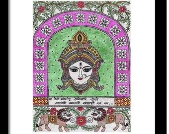 Goddess Durga Madhubani Painting, Indian Folk Art, Wall Art, Home Decor, House Warming Gift