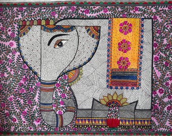 May include: A hand-painted artwork depicting an elephant in a colorful floral border. The elephant is white with black dots and intricate details in shades of blue, red, yellow, and green. The border features pink flowers and green vines on a pink background.
