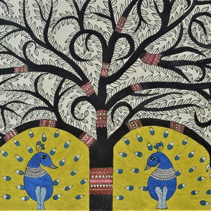 Baum des Lebens Handgemachte Original Madhubani Malerei, Wohnkultur Wandkunst, traditionelle indische Volkskunst
