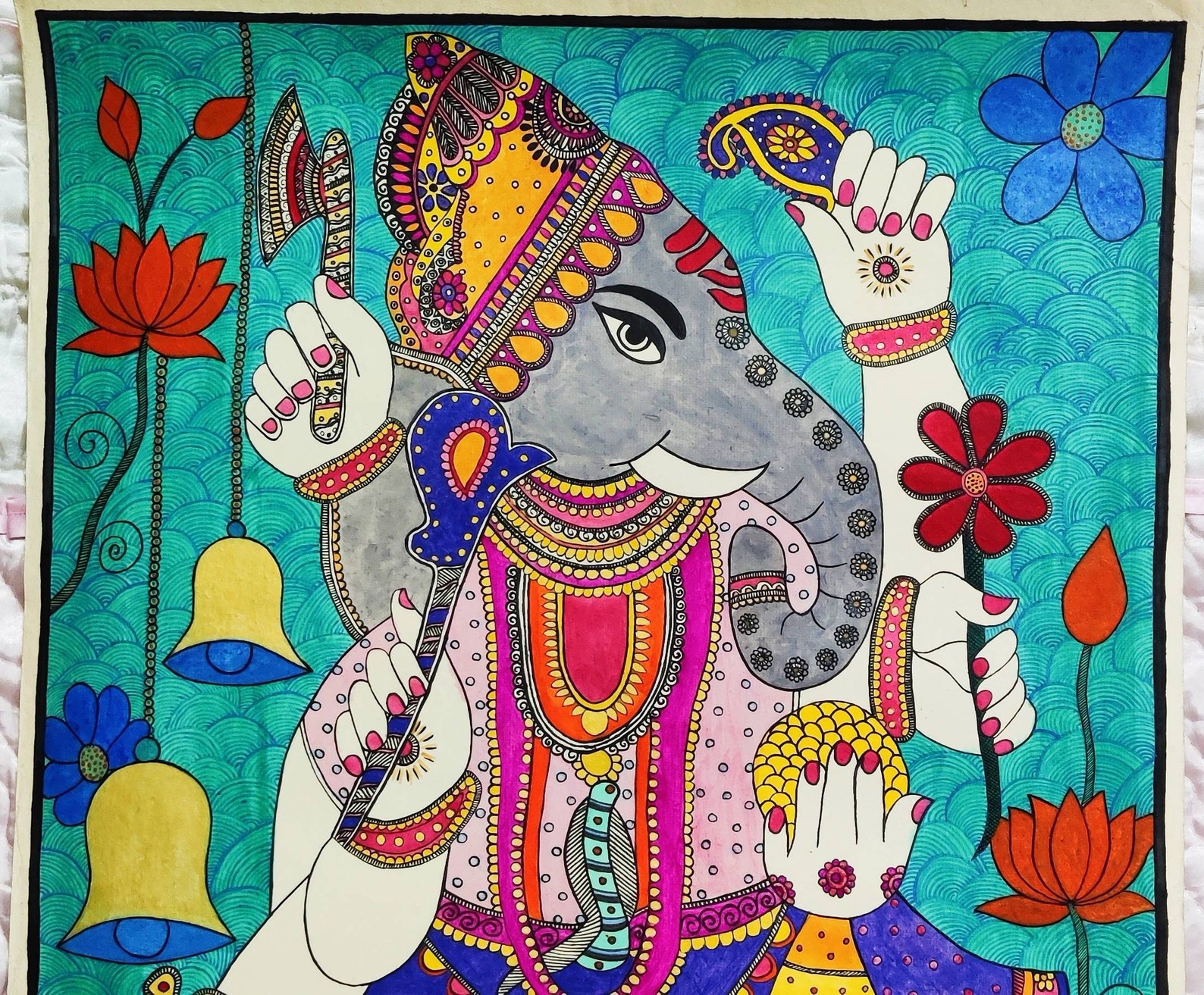 Handmade Lord Ganesha Madhubani Painting, Indian Folk Art