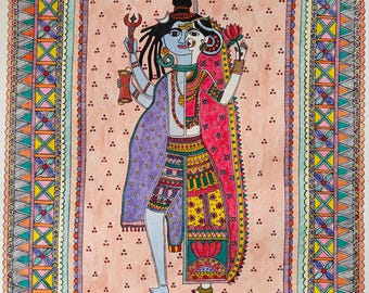 Traditional Ardhanareeshvara Madhubani Painting, Shiva Parvati, Handmade on paper, Gifting, Wall decor