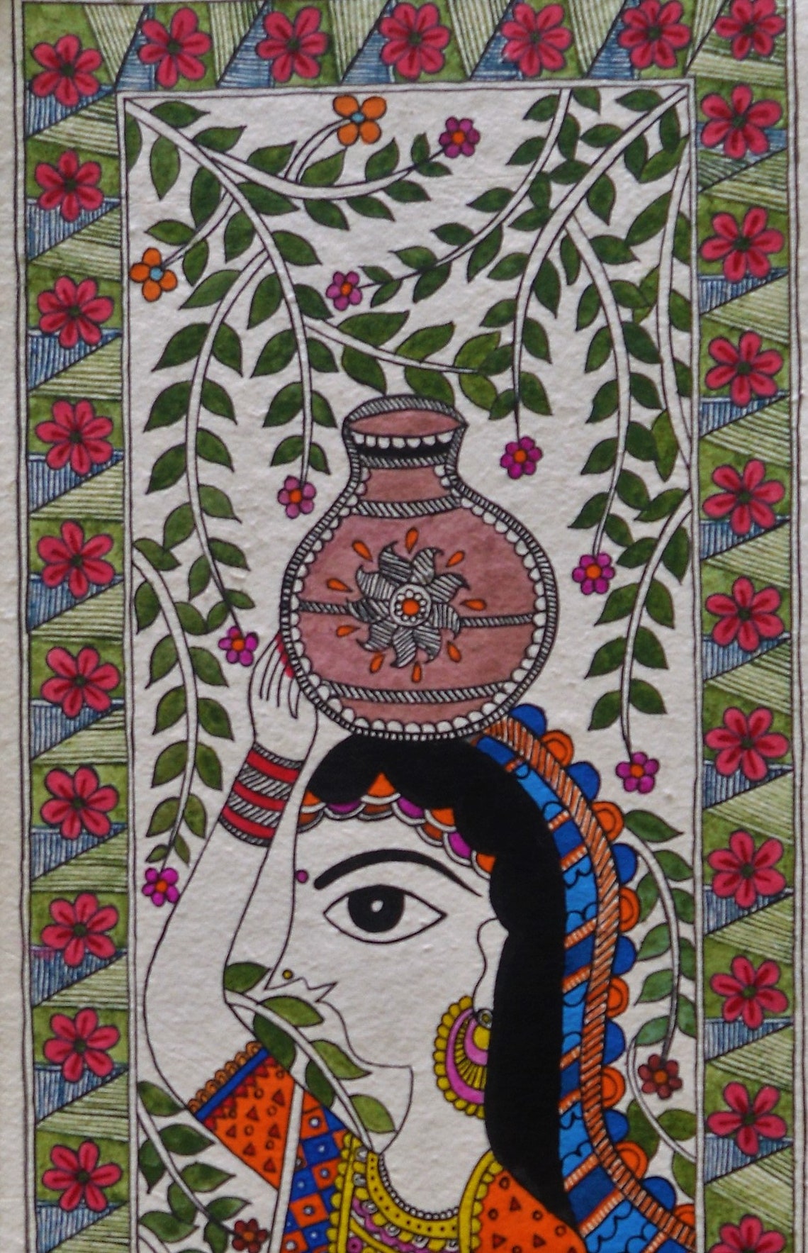 Handmade Madhubani Acrylic Painting, Woman With Earthen Pot, Handmade ...